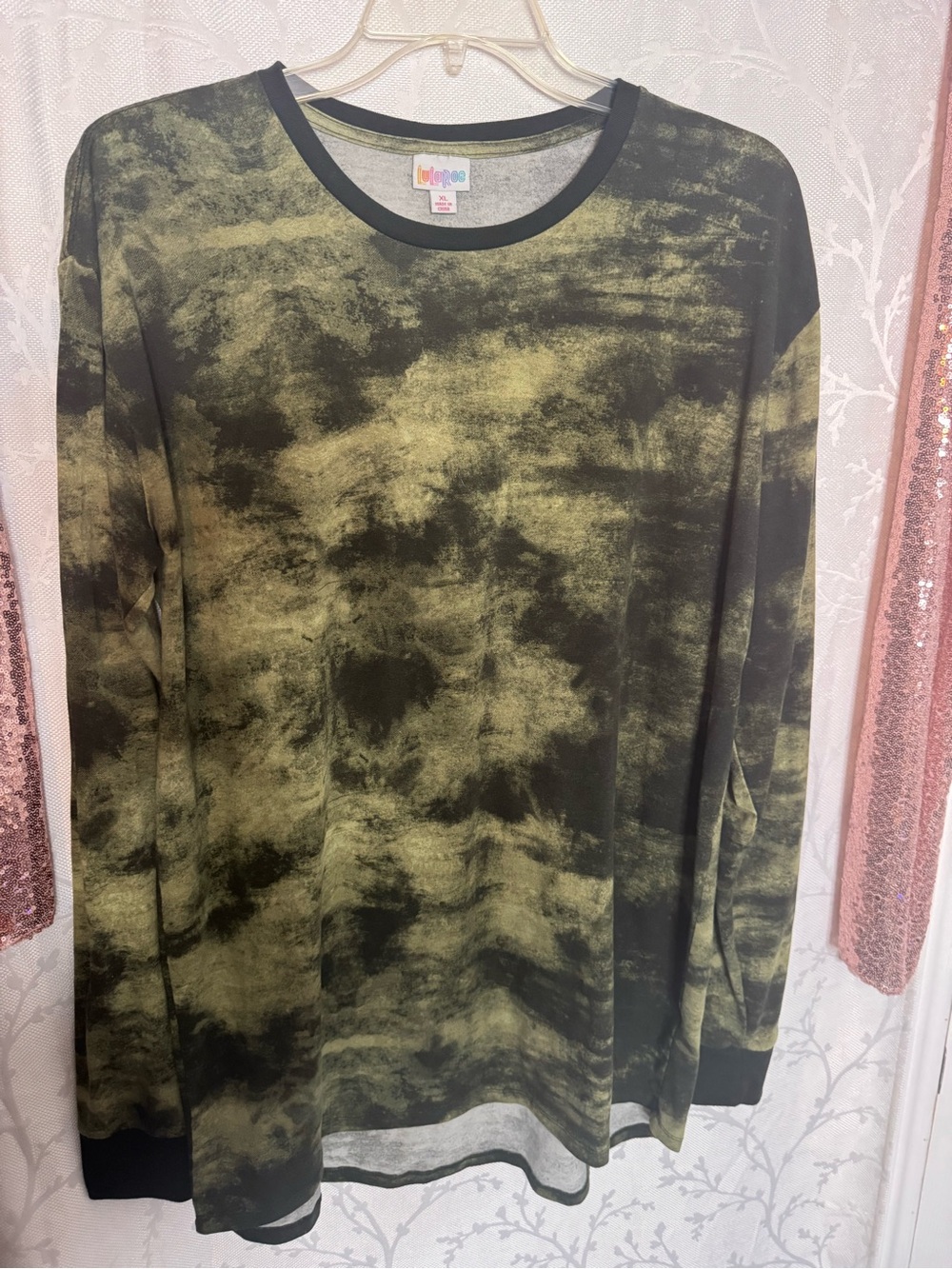 LuLaRoe Long-Sleeve Tie-Dye Crewneck Shirt in Olive Green and Black